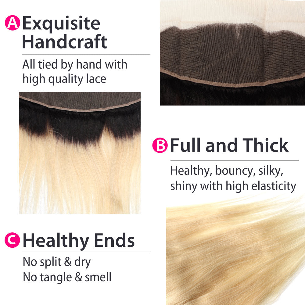 Luxury 10A 1B 613 Blonde Ombre Malaysian Straight Hair Lace Frontal Details