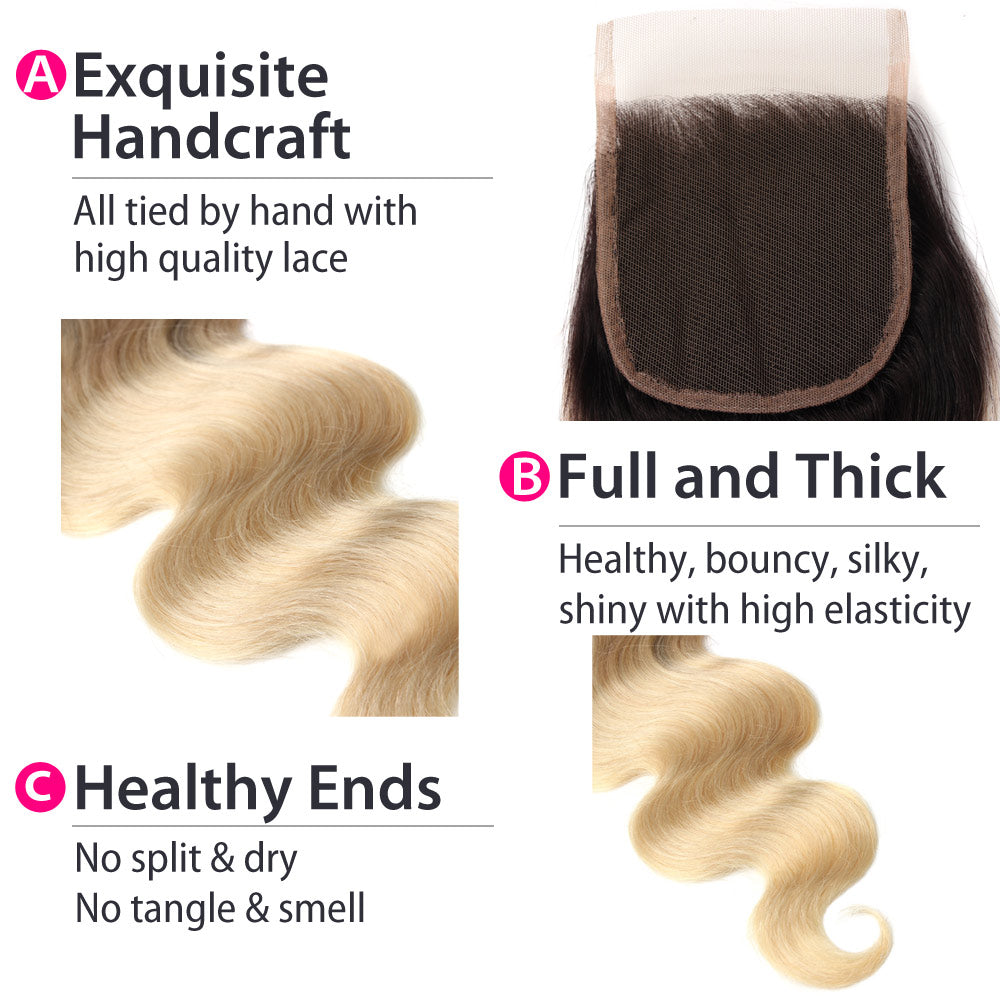 Luxury 10A 1B 613 Blonde Ombre Body Wave Lace Closure Details