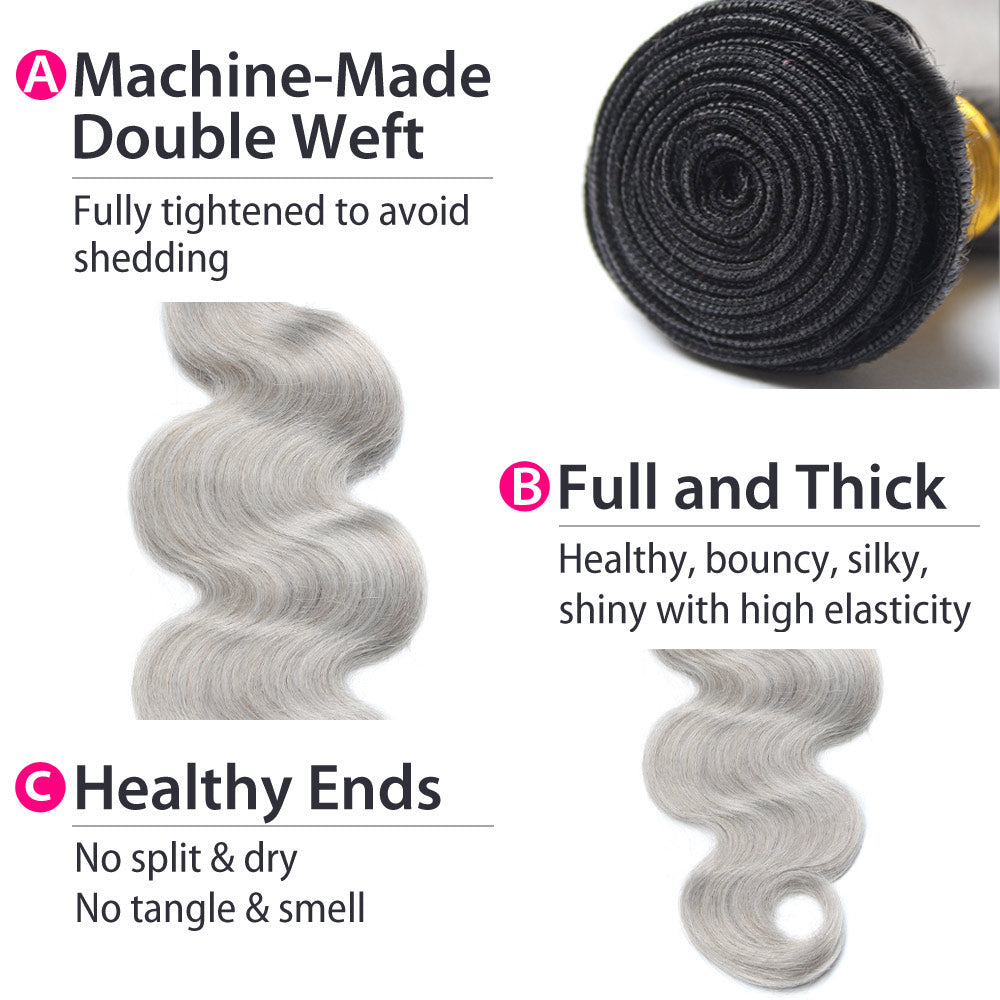 Luxury 10A Malaysian 1B Gray Ombre Body Wave Hair 3 Bundles Details