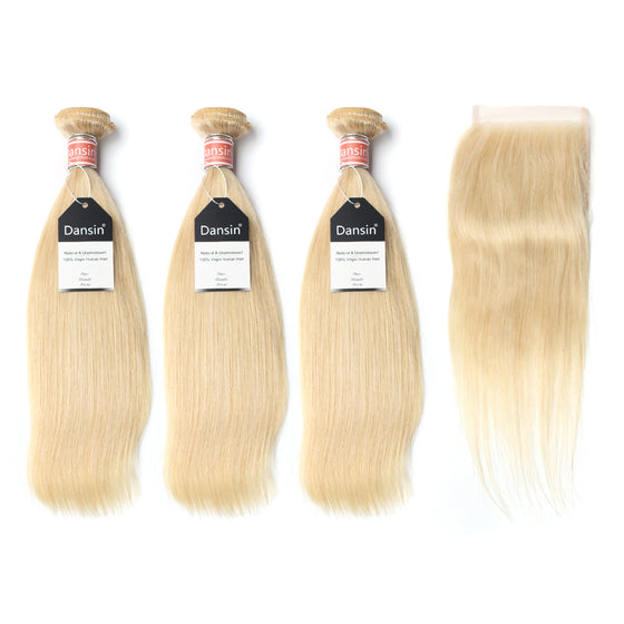 Luxury 10A Malaysian 613 Blonde Straight Hair 3 Bundles With 1 Pc Lace Closure