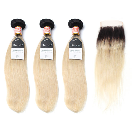 Luxury 10A 1B 613 Blonde Ombre Malaysian Straight Hair 3 Bundles With 1 Pc Lace Closure