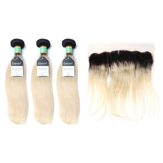 Luxury 10A 1B 613 Blonde Ombre Brazilian Straight Hair 3 Bundles With 1 Pc Lace Frontal