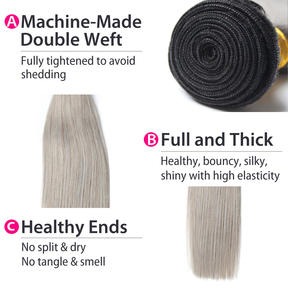 Luxury 10A Peruvian 1B Gray Ombre Straight Hair 3 Bundles Details