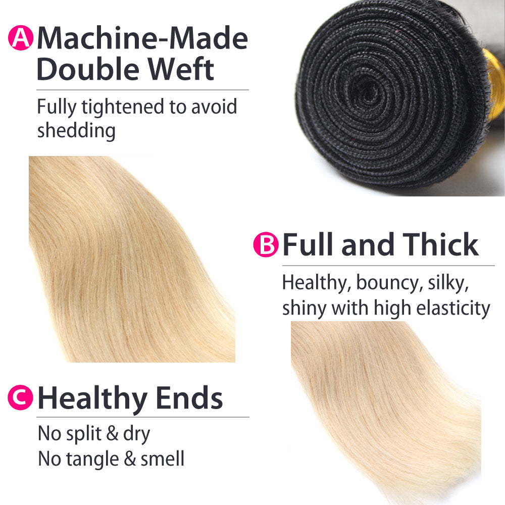 Luxury 10A 1B 613 Blonde Ombre Peruvian Strtight Hair 3 Bundles Details