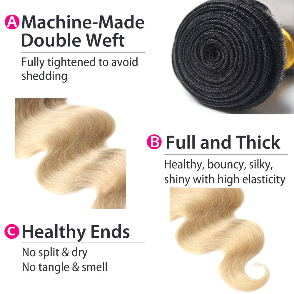 Luxury 10A 1B 613 Blonde Ombre Brazilian Body Wave Hair 3 Bundles Details