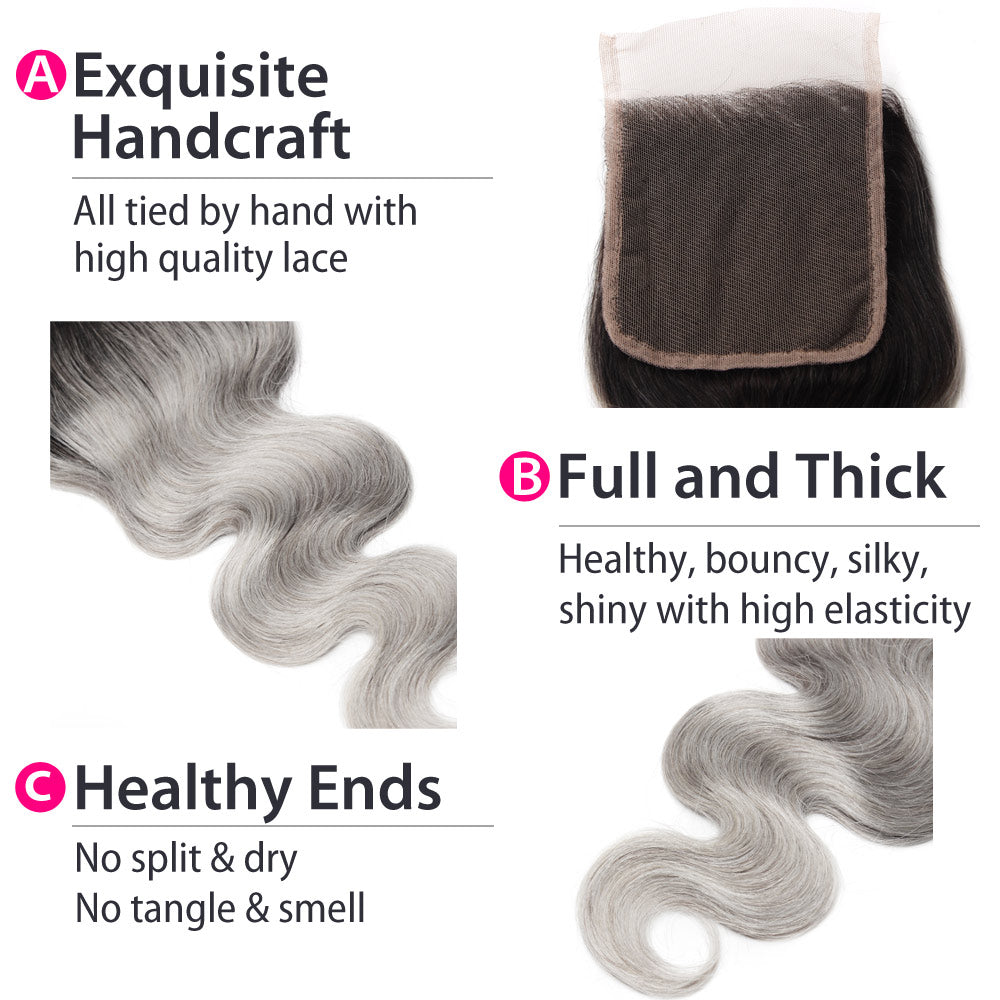 Luxury 10A 1B Gray Ombre Body Wave Lace Closure Details