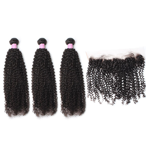 Luxury 10A Peruvian Kinky Curly Hair 3 Bundles With 1 Pc Lace Frontal