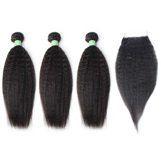 Brazilian Kinky Straight Hair 3 Bundles With 1 Pc Lace Closure