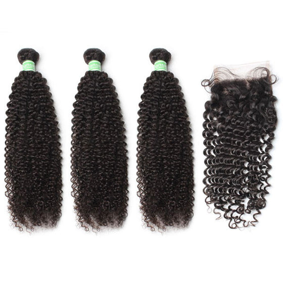 Brazilian Kinky Curly Hair 3 Bundles With 1 Pc Lace Closure