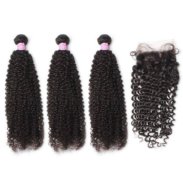 Luxury 10A Peruvian Kinky Curly Hair 3 Bundles With 1 Pc Lace Closure
