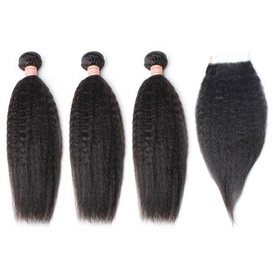 Malaysian Kinky Straight Hair 3 Bundles With 1 Pc Lace Closure