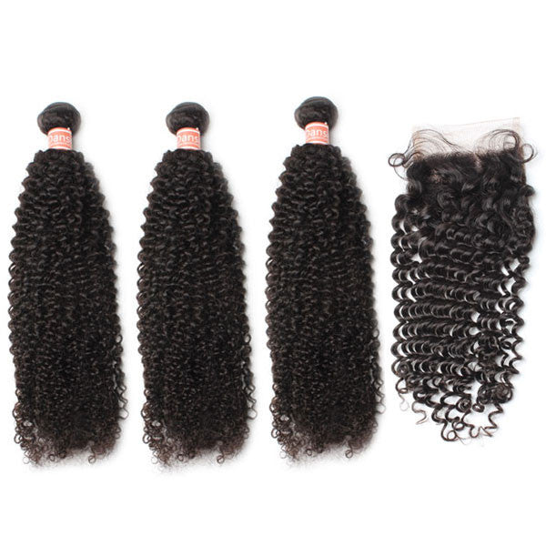 Malaysian Kinky Curly Hair 3 Bundles With 1 Pc Lace Closure