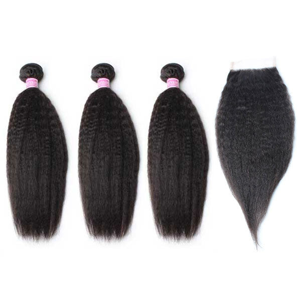 Luxury 10A Peruvian Kinky Straight Hair 3 Bundles With 1 Pc Lace Closure