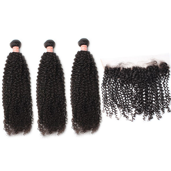  Malaysian Kinky Curly Hair 3 Bundles With 1 Pc Lace Frontal