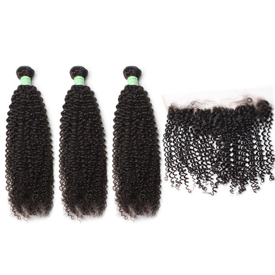  Brazilian Kinky Curly Hair 3 Bundles With 1 Pc Lace Frontal
