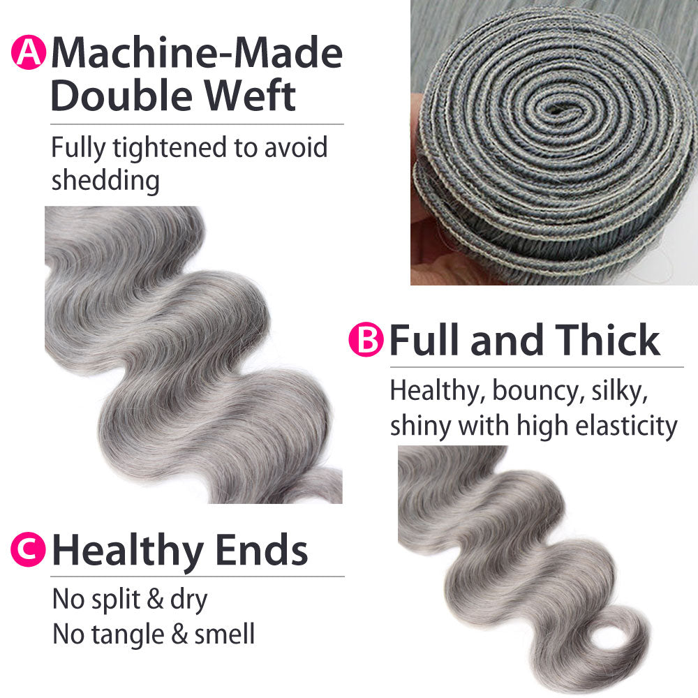 Luxury 10A Peruvian Pure Gray Body Wave Hair 3 Bundles Details