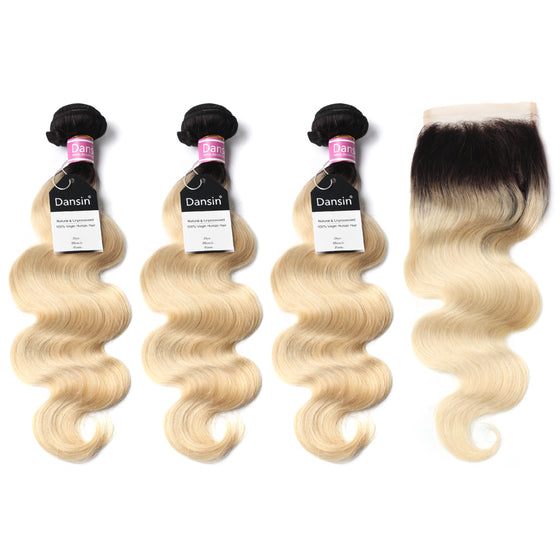 Luxury 10A 1B 613 Blonde Ombre Peruvian Body Wave Hair 3 Bundles With 1 Pc Lace Closure