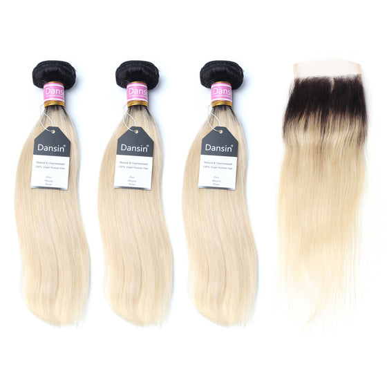 Luxury 10A 1B 613 Blonde Ombre Peruvian Straight Hair 3 Bundles With 1 Pc Lace Closure