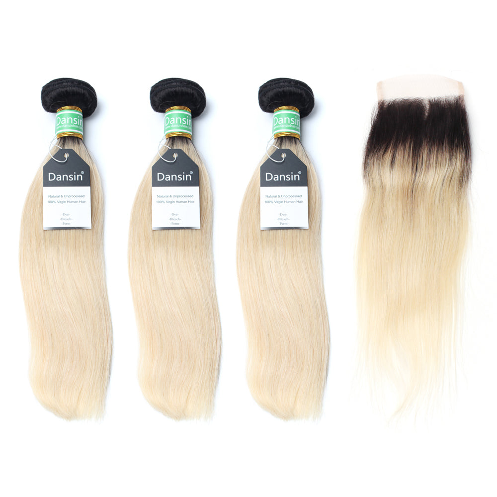 Luxury 10A 1B 613 Blonde Ombre Brazilian Straight Hair 3 Bundles With 1 Pc Lace Closure