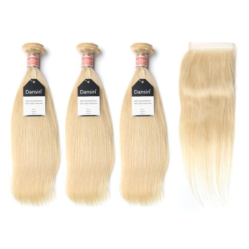Luxury 10A Malaysian 613 Blonde Straight Hair 3 Bundles With 1 Pc Lace Closure