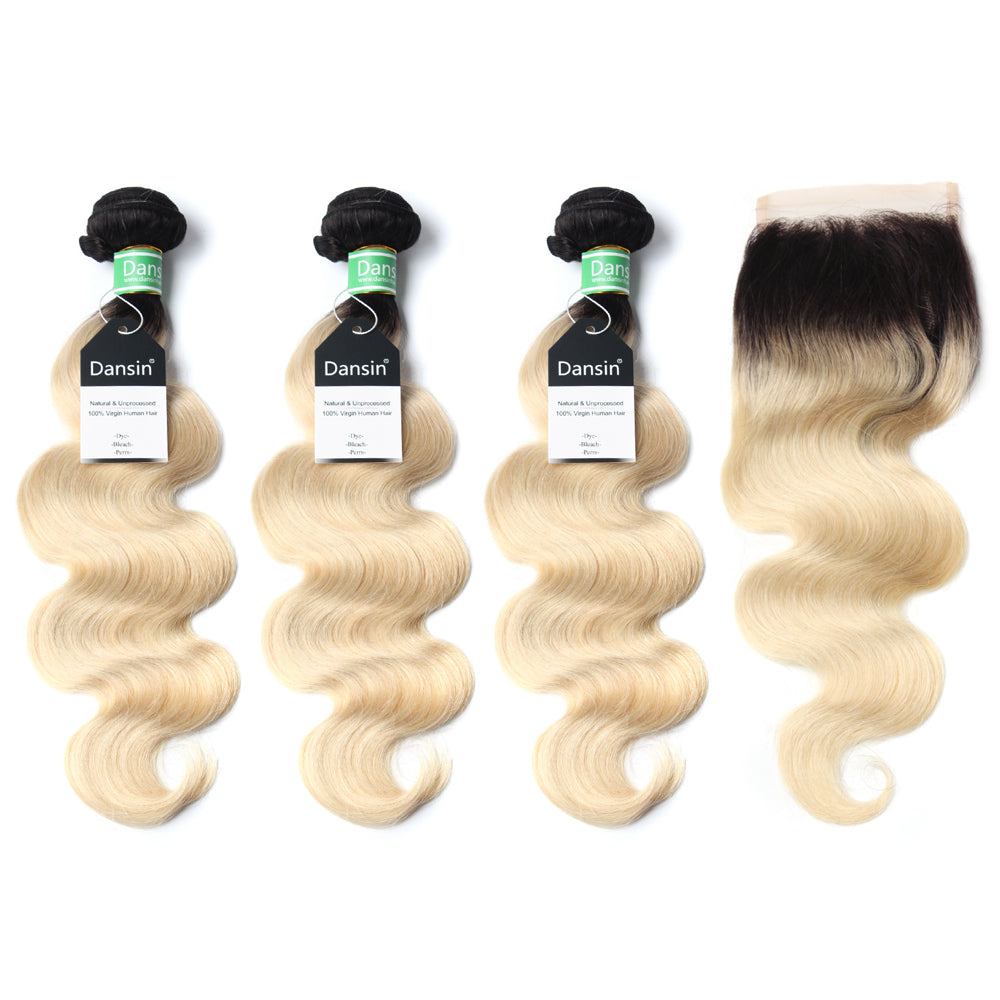 Luxury 10A 1B 613 Blonde Ombre Brazilian Body Wave Hair 3 Bundles With 1 Pc Lace Closure