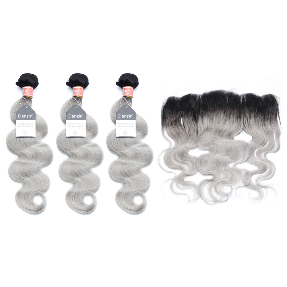 Luxury 10A Malaysian 1B Gray Ombre Body Wave Hair 3 Bundles With 1 Pc Lace Frontal