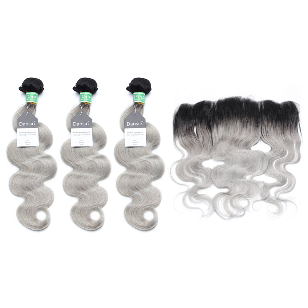 Luxury 10A Brazilian 1B Gray Ombre Body Wave Hair 3 Bundles With 1 Pc Lace Frontal