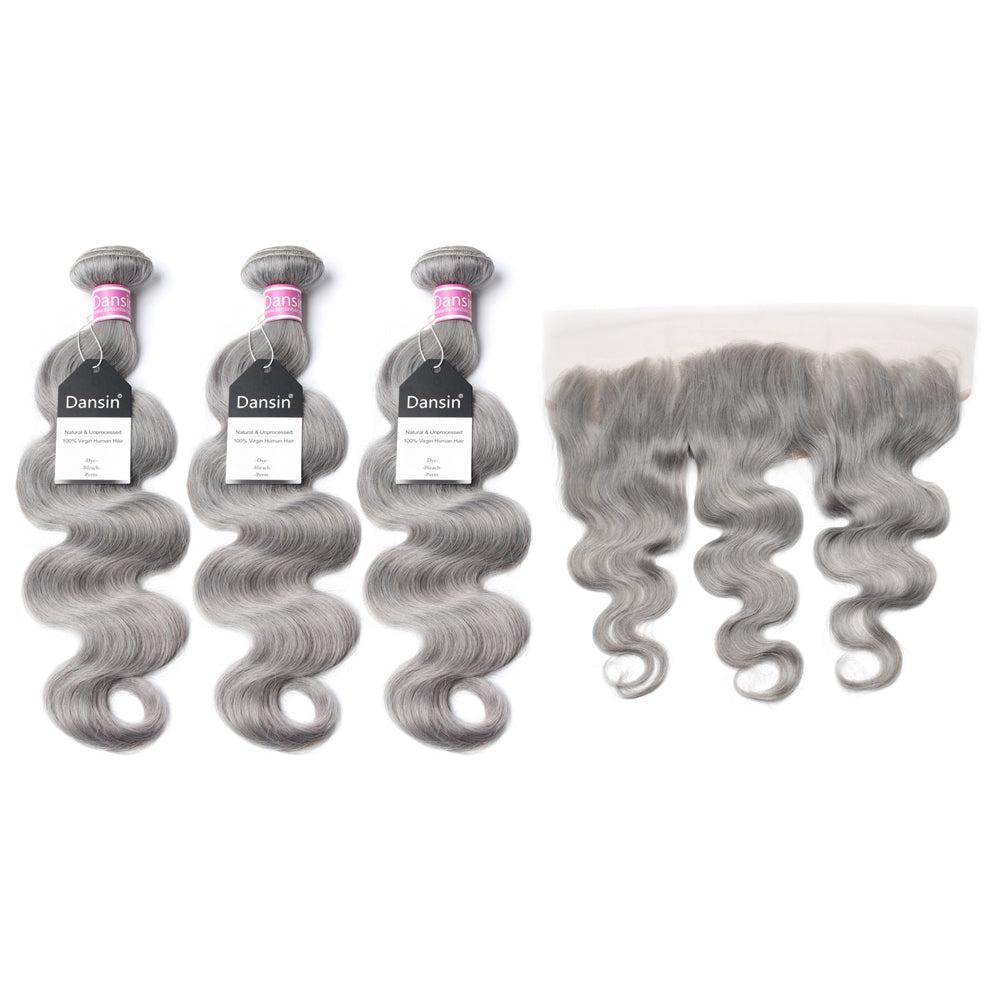 Luxury 10A Peruvian Pure Gray Body Wave Hair 3 Bundles With 1 Pc Lace Frontal