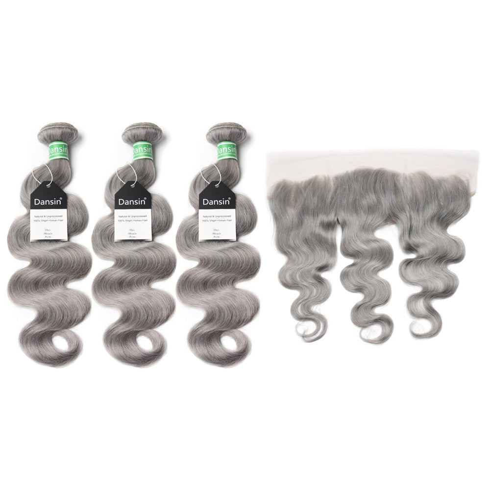 Luxury 10A Brazilian Pure Gray Body Wave Hair 3 Bundles With 1 Pc Lace Frontal