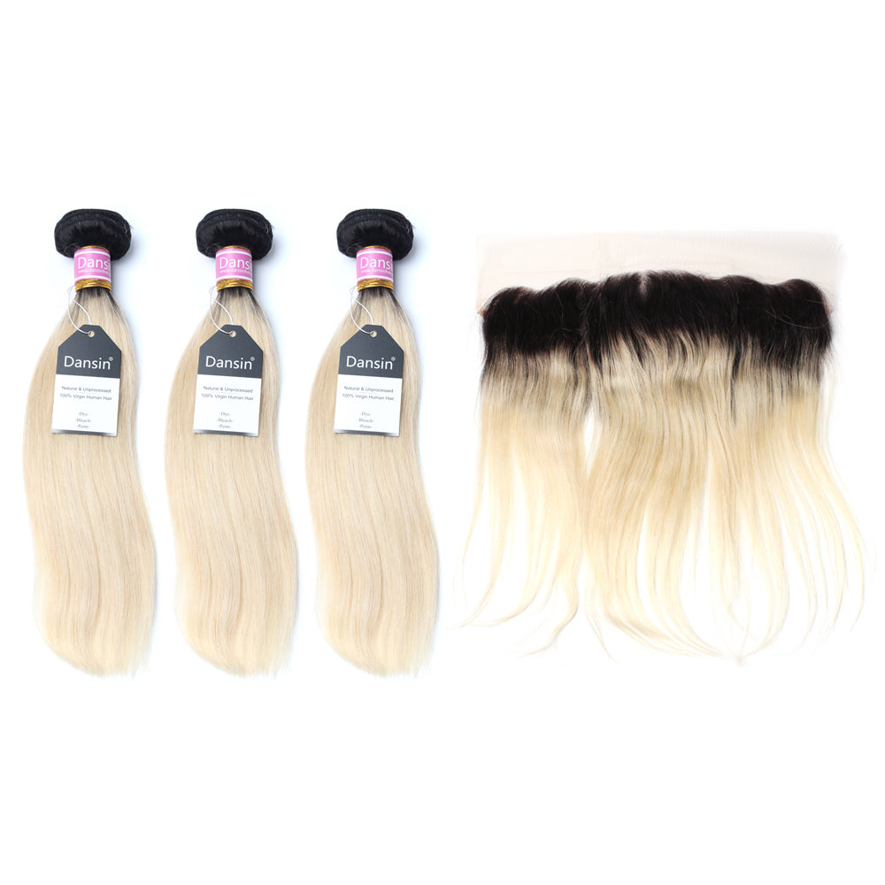 Luxury 10A 1B 613 Blonde Ombre Peruvian Straight Hair 3 Bundles With 1 Pc Lace Frontal