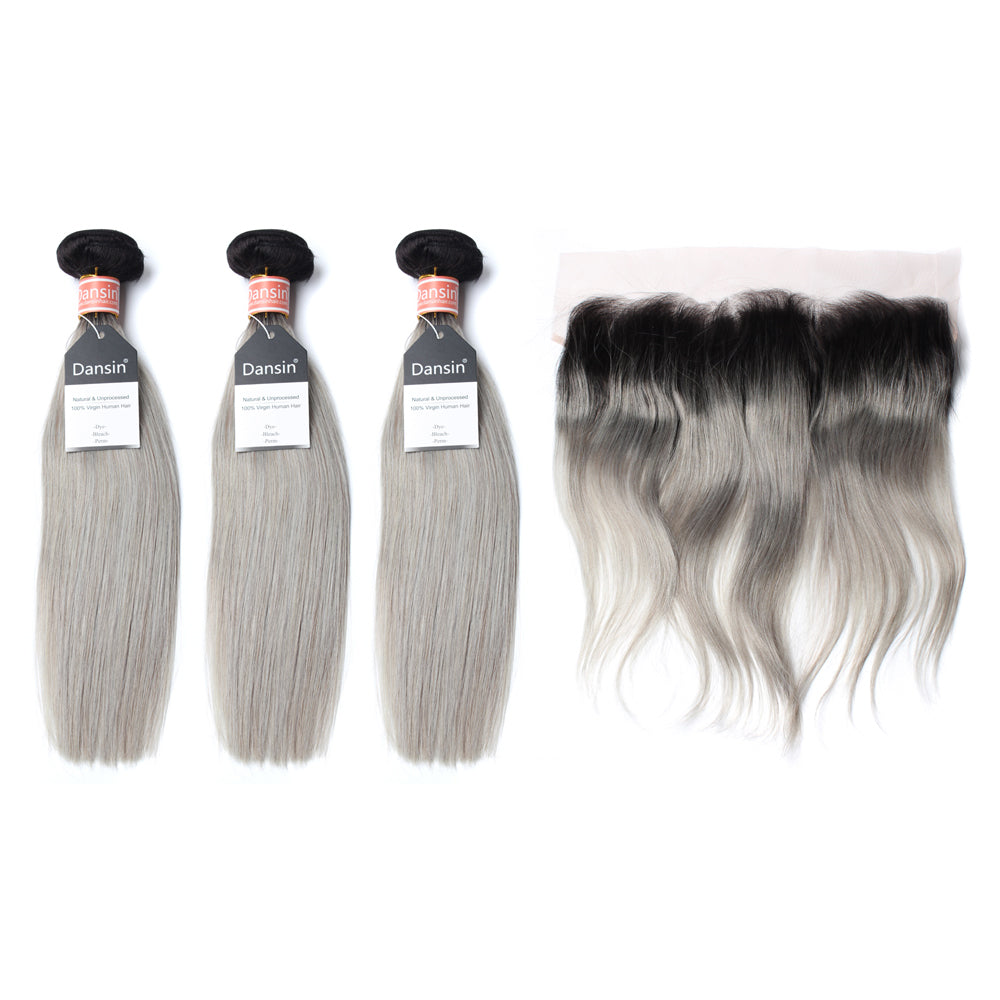Luxury 10A Malaysian 1B Gray Ombre Straight Hair 3 Bundles With 1 Pc Lace Frontal