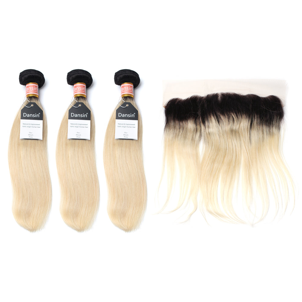 Luxury 10A 1B 613 Blonde Ombre Malaysian Straight Hair 3 Bundles With 1 Pc Lace Frontal