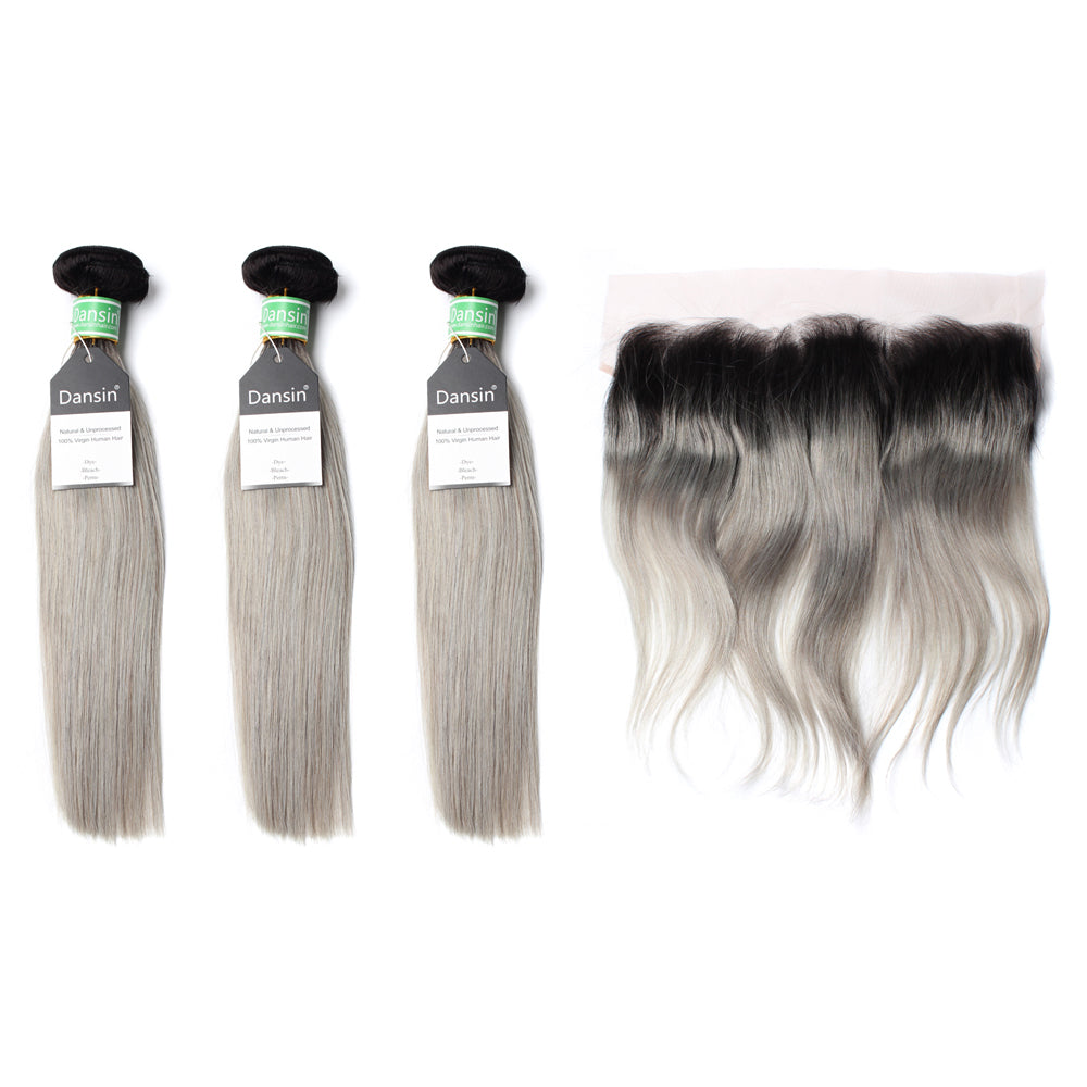 Luxury 10A Brazilian 1B Gray Ombre Straight Hair 3 Bundles With 1 Pc Lace Frontal