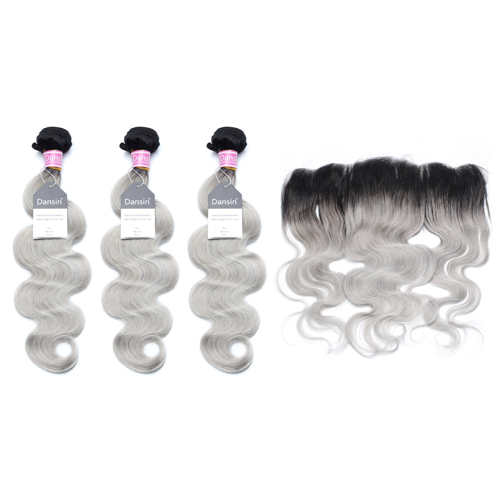 Luxury 10A Peruvian 1B Gray Ombre Body Wave Hair 3 Bundles With 1 Pc Lace Frontal